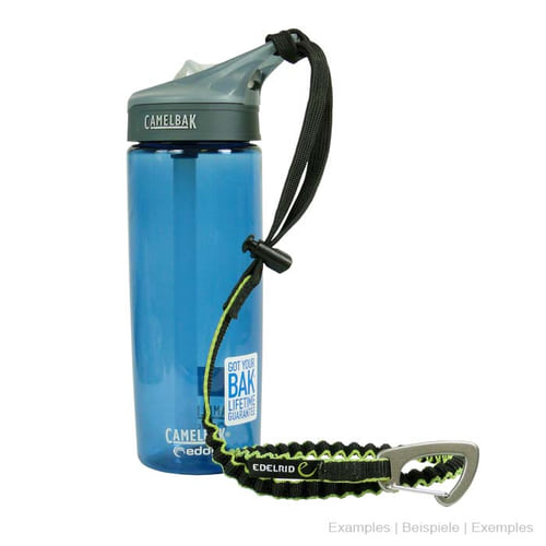 Tool Safety Leash by Edelrid, elastic safety leash attached to a blue Camelbak drinking bottle with black lid and carrying strap