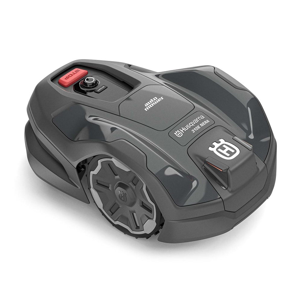 Grey Husqvarna 310E Nera Robot Lawn Mower with Large Wheels and Red Stop Button on the Top Left