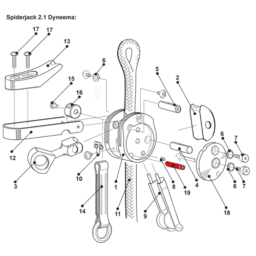 SpiderJack 2.1 wear bolt, technical drawing of a component with several numbered individual parts, including a bolt marked in red, manufacturer name SpiderJack 2.1 visible