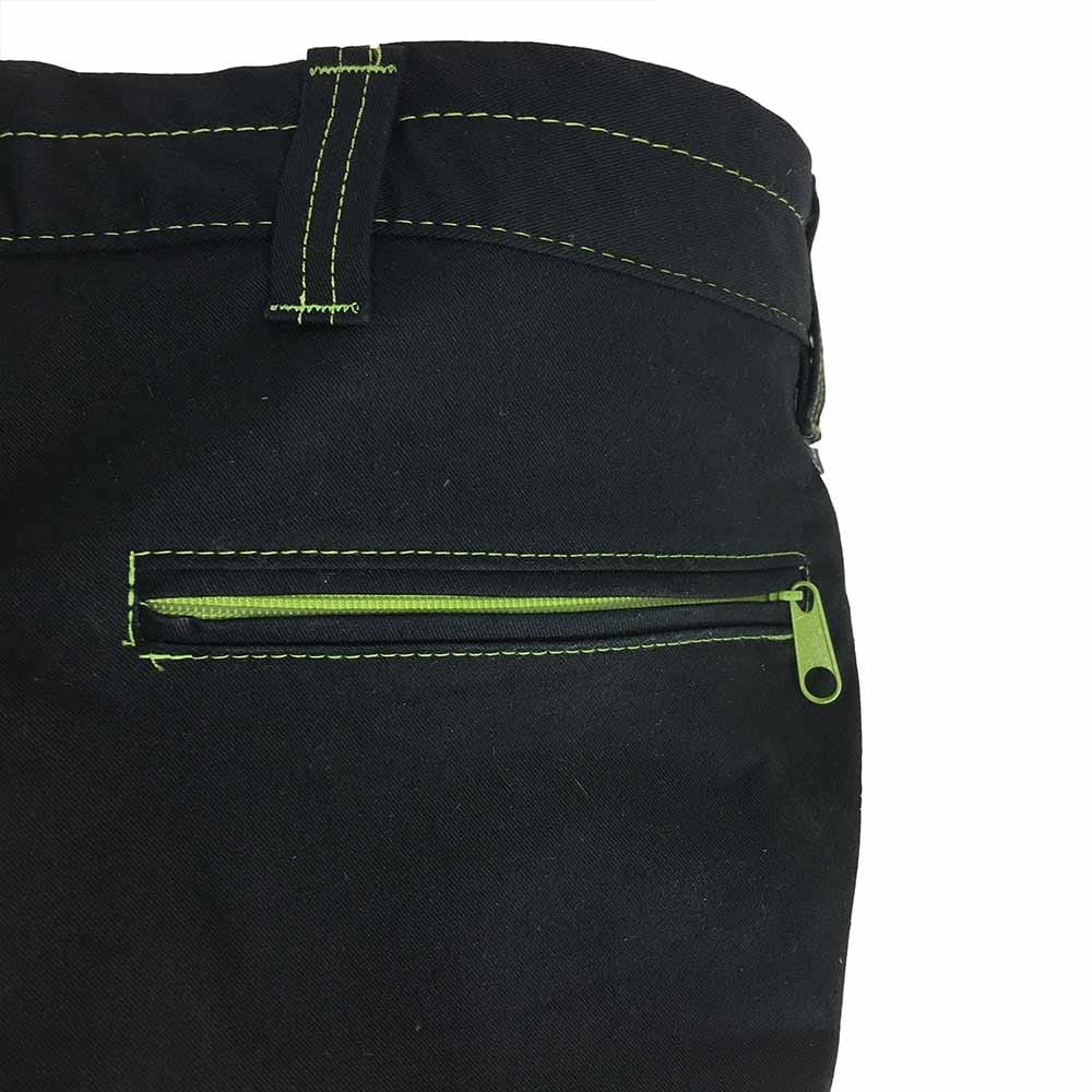 Close-up of the back of the Roots Pure outdoor pants in black with green zipper and green stitching on the back pocket area