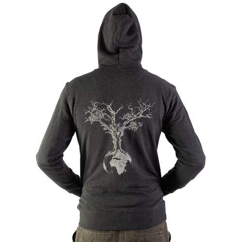 World tree hoodie, back view of a man, dark gray hooded sweater with large white tree and earth print on the back