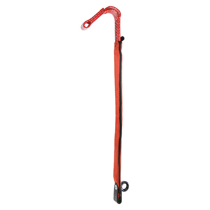 ZipAbsorber TwinLine, red safety rope with black stripe and metal eyelet at the bottom