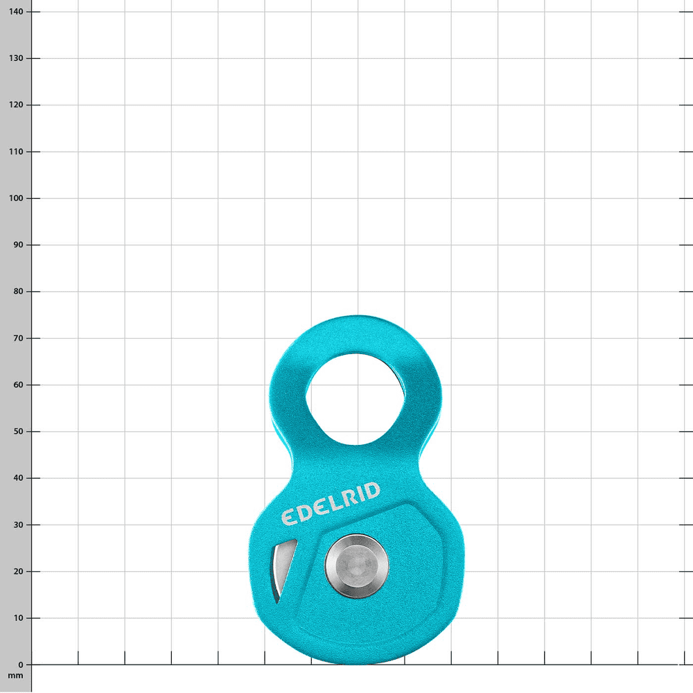 Edelrid Flux, blue rope roller with round hole at the top and metal axle in the middle