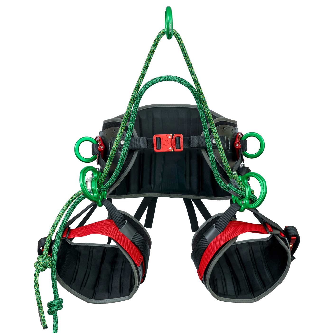 Kinisi Max seat belt with green ropes, red buckles and black pads
