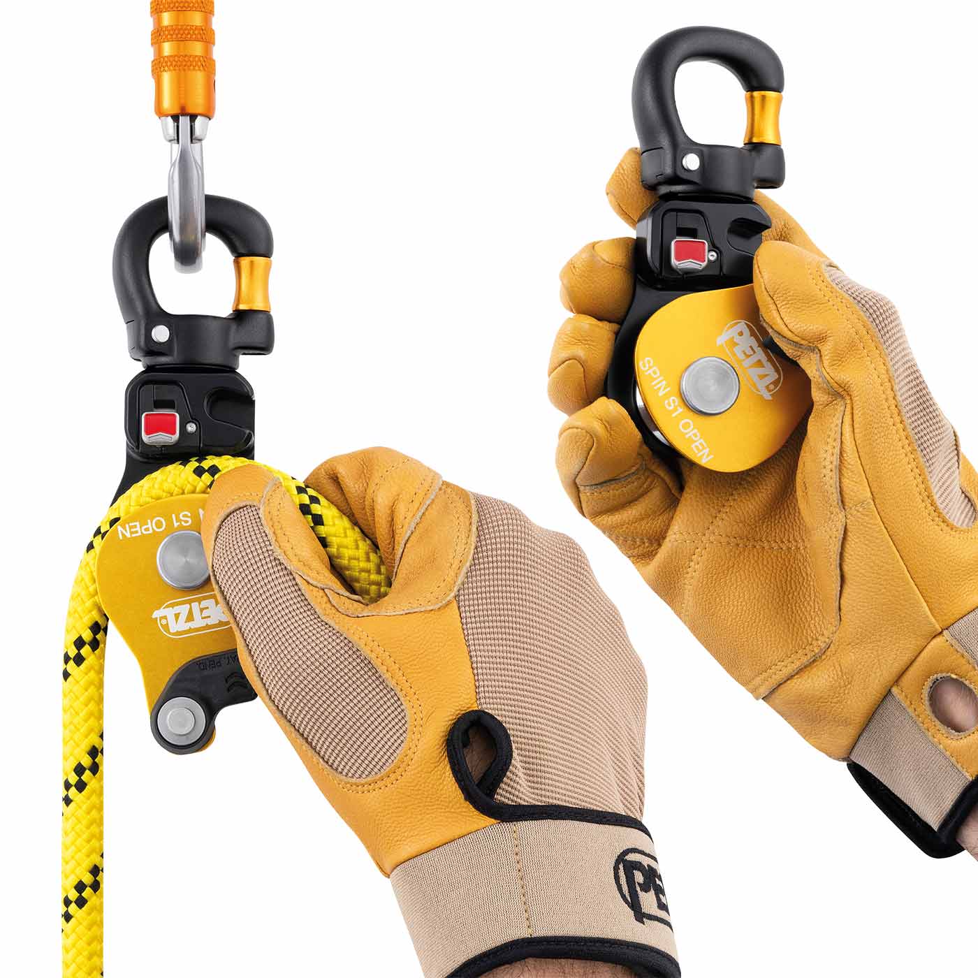 Petzl Spin S1 Open pulley with yellow casing, black carabiner with a yellow rope attached, two hands with yellow work gloves holding the pulley and rope.