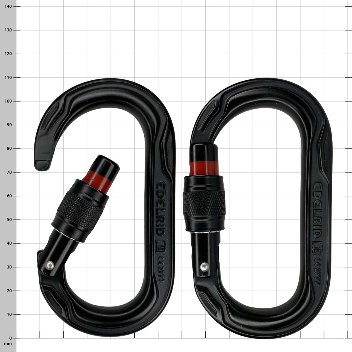 Oval Power 2500 Screw by Edelrid, two black oval carabiners, one open with red retaining ring, the other closed, both with screw cap and fine knurling on the breech