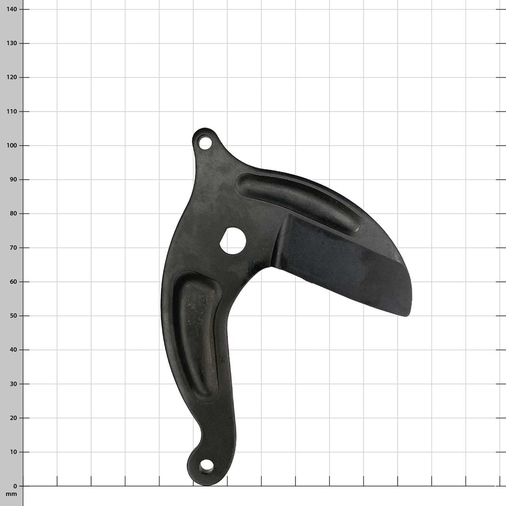 Helium replacement blade black with two mounting holes against white background with grid lines