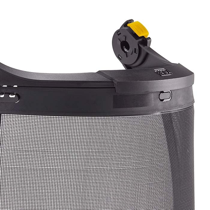 Vizen mesh face shield, detail of the upper frame with yellow locking element and mesh fabric