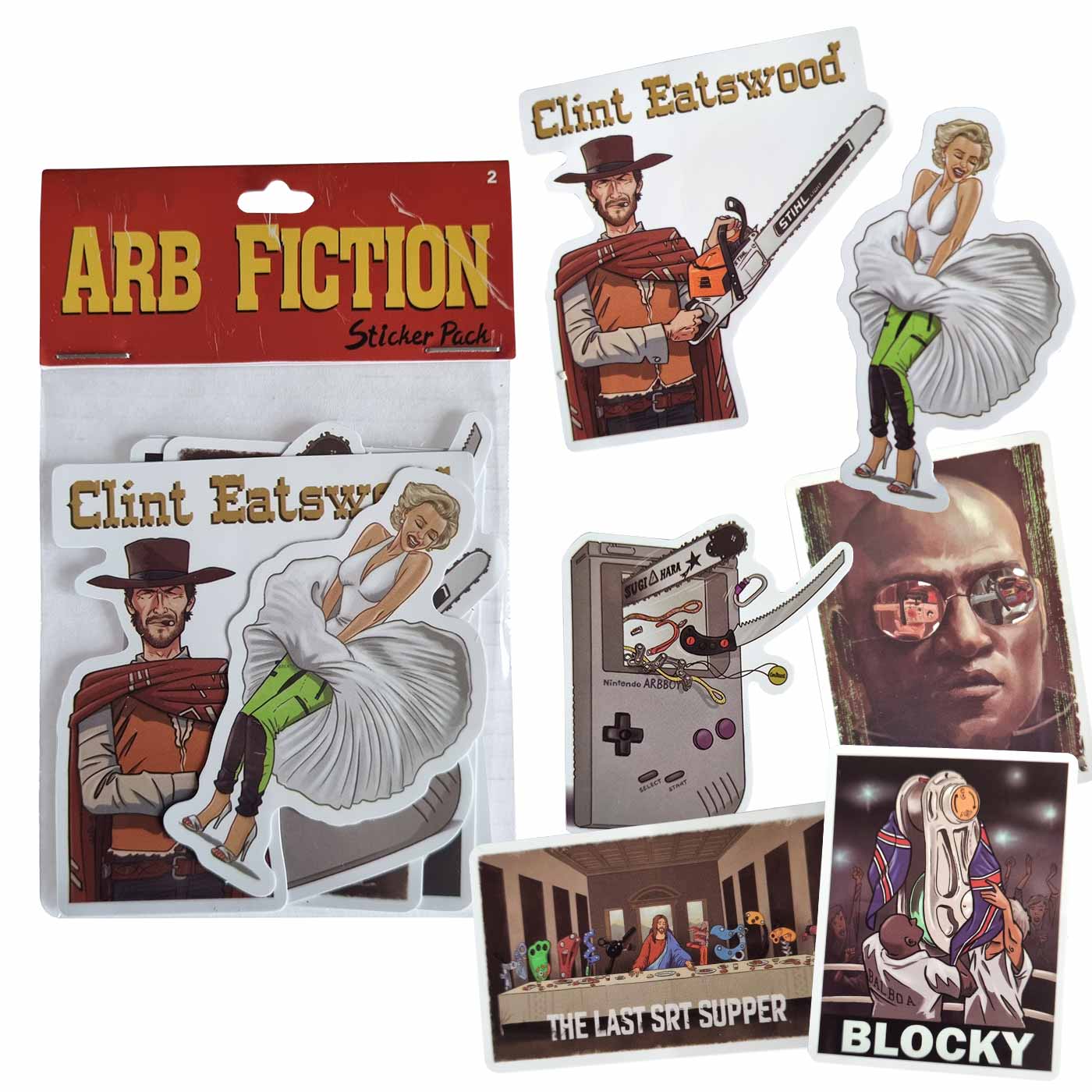 Sticker pack ARB Fiction Pack Vol. 2 with several stickers, including a figure with a hat and chainsaw, a woman in a white dress and green pants, a Gameboy-like device with a chainsaw, a portrait of a man in sunglasses, a sticker that says "THE LAST SRT S
