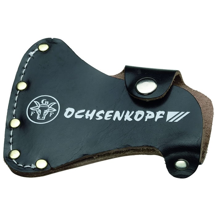 Black leather protective cover with white stitching and the inscription "OCHSENKOPF" as well as an Ochsenkopf logo