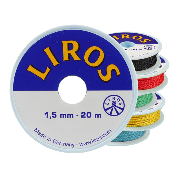 Rigging yarn 1.5 Color by Liros, five spools of yarn in the colors black, red, green, yellow and blue, each spool 1.5 mm thick and 20 m long, packaging shows the brand name Liros on blue and white background