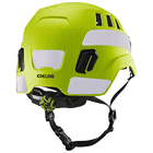 Tectum Air Hi-Viz climbing helmet by Edelrid in bright yellow with white reflectors and black chin strap, rear view with adjustable wheel