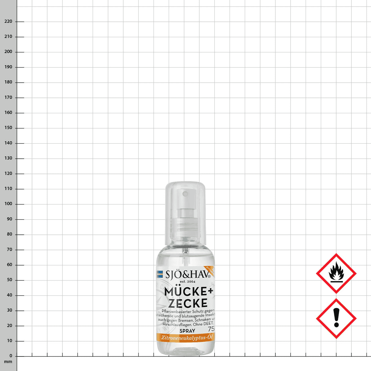 SJÖ&HAV Mosquito+Tick Spray with transparent spray head and white label, orange field with the inscription lemon eucalyptus oil, next to it two hazard symbols, one with flame and one with exclamation mark