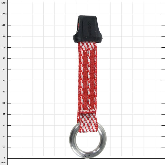 SpiderJack 2.1 Dyneema sling by ART, red and white Dyneema sling with black rubber piece on top and silver metal ring on bottom against checkered background