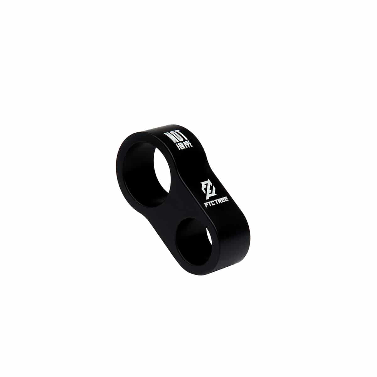 Rise-Up by FTC TREE, black metal part with two round openings and white inscription "NOT FOR PPE", side view
