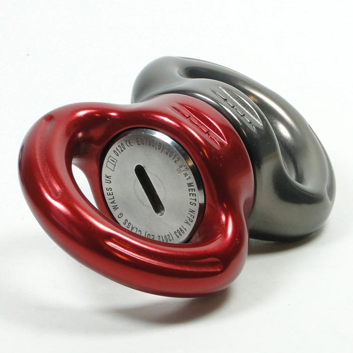 Axis Swivel L, horizontal swivel fastener with red and grey metal ring, inscription visible on the silver disc