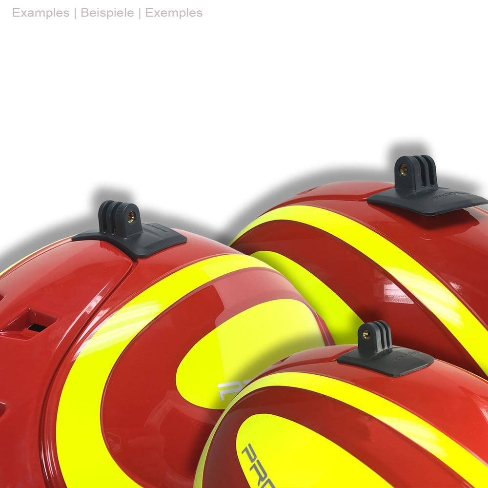 PROTOS® ActionCam mount three red helmets with yellow stripes, each with a black PROTOS® ActionCam mount on top of the helmet