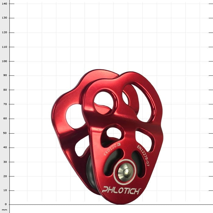 Red metal rope pulley with the inscription "PHLOTICH" and standard information
