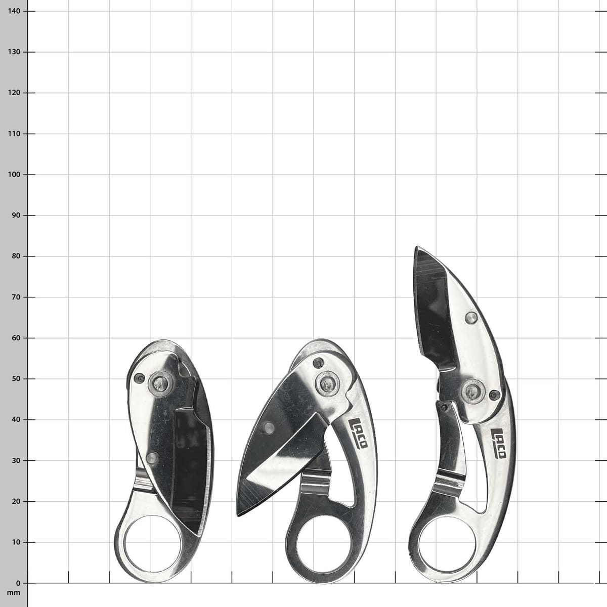 Three Mini Knife Straight Cut knives from Laco in different opening states against a checkered background, the first knife is closed, the second half open, the third fully opened