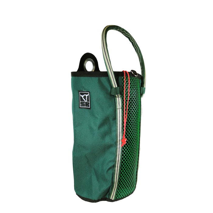 Grab Bag 20, green bag with black border, mesh compartment on the side and carrying strap on top