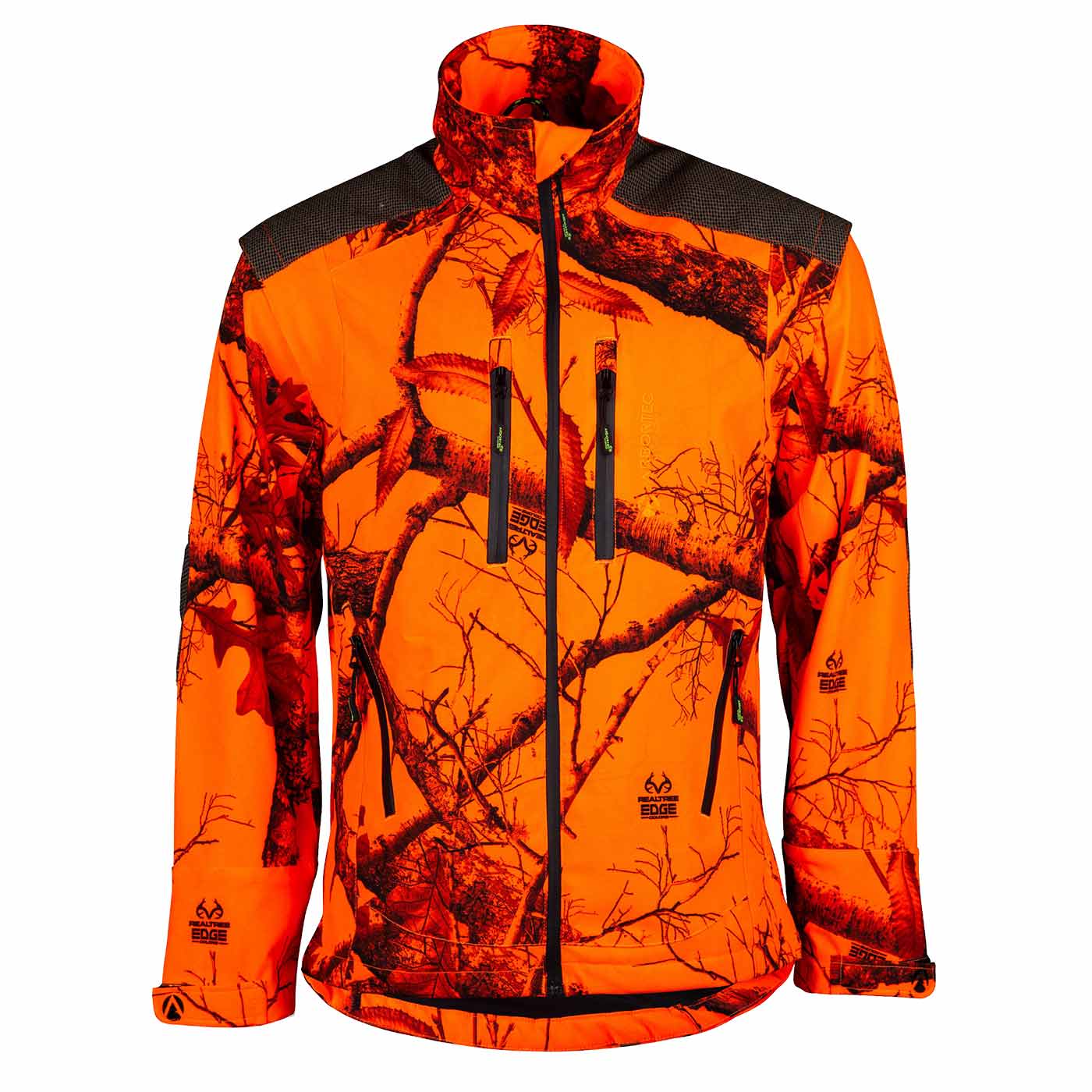 Breatheflex Pro Jacket Realtree orange jacket with black zipper and Realtree pattern, with two chest pockets and one side pocket, front view, manufacturer not visible