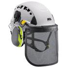 White Petzl Vertex Vent Peltor Helmet with Grey and Green Ear Protection and Black Face Shield