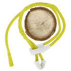 Whoopie Sling 18, yellow braided rope with white protective cuffs lies around a round wooden disc section