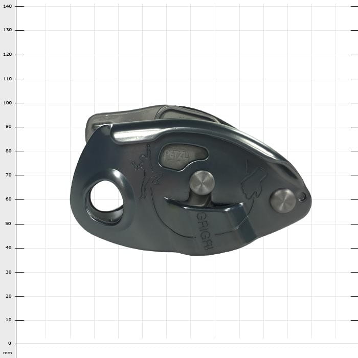 Grigri climbing frame by Petzl in dark metal with engraving of a climber and the inscription "GRIGRI" on the front