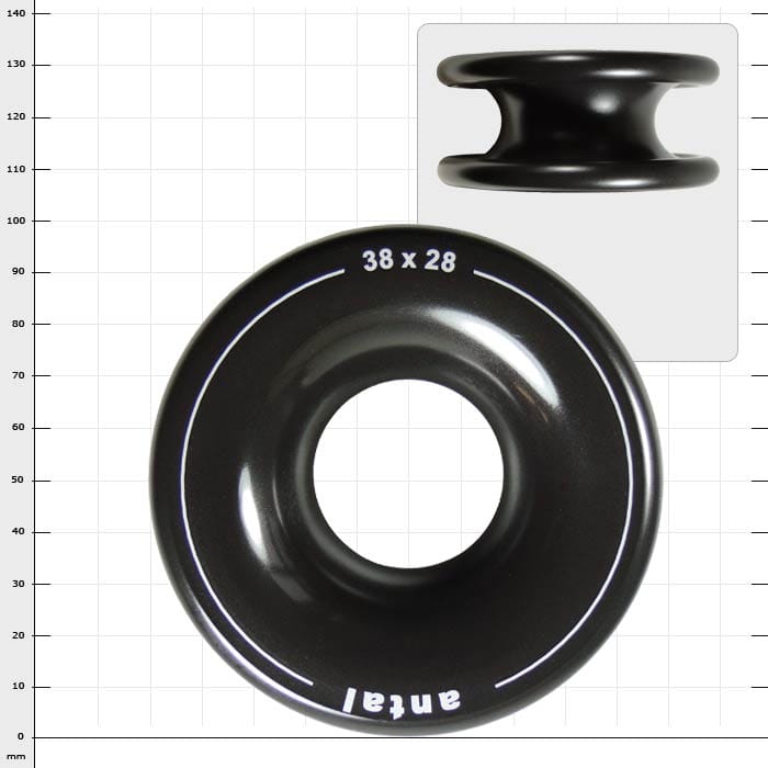 Rigging Ring XL by Antal, black round ring with the inscription "38 x 28" and "antal" on the front, plus a small view of the side view of the ring