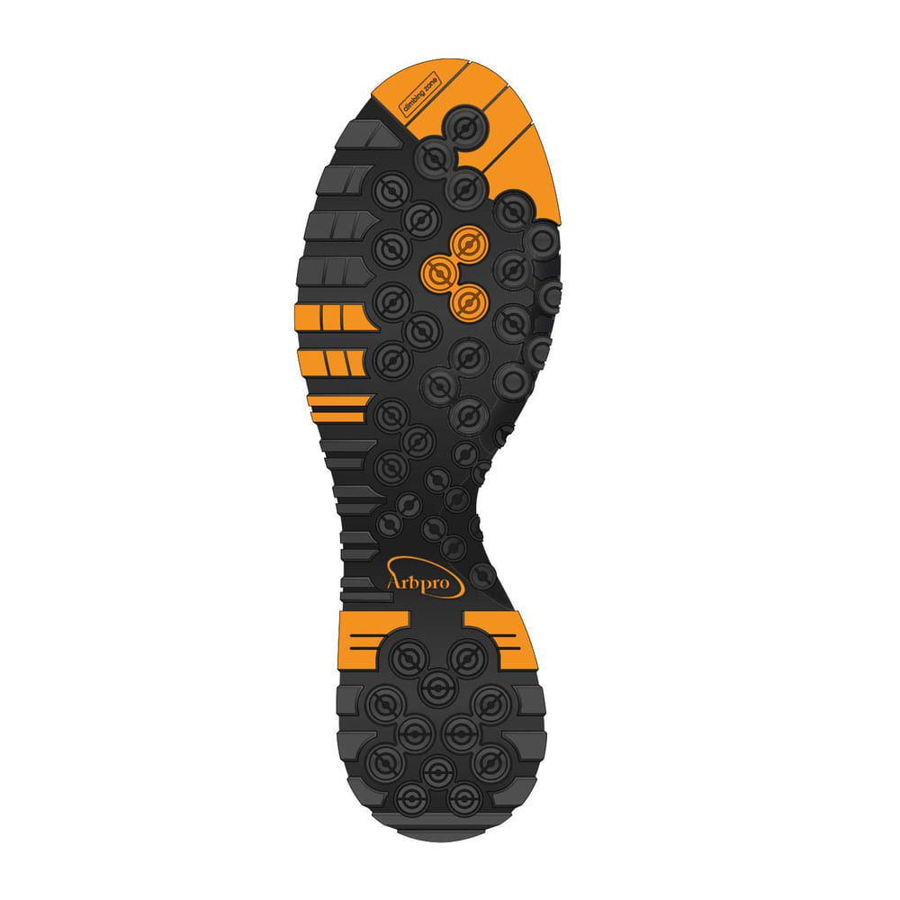Treaded sole in black and orange with Arbpro logo and many round nubs