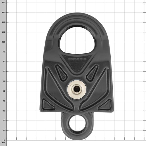 Black DMM Gyro Twin Pulley with Metal Axle and Large Mounting Hole, Front View Against Checkered Background