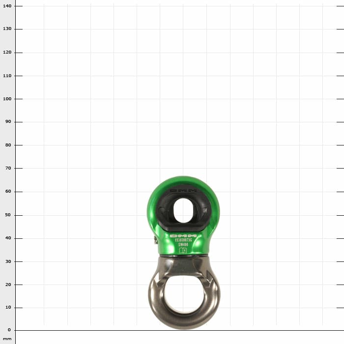 Mini-Swivel, green-black and silver metal part with two round openings, visible at the front Mini-Swivel inscription