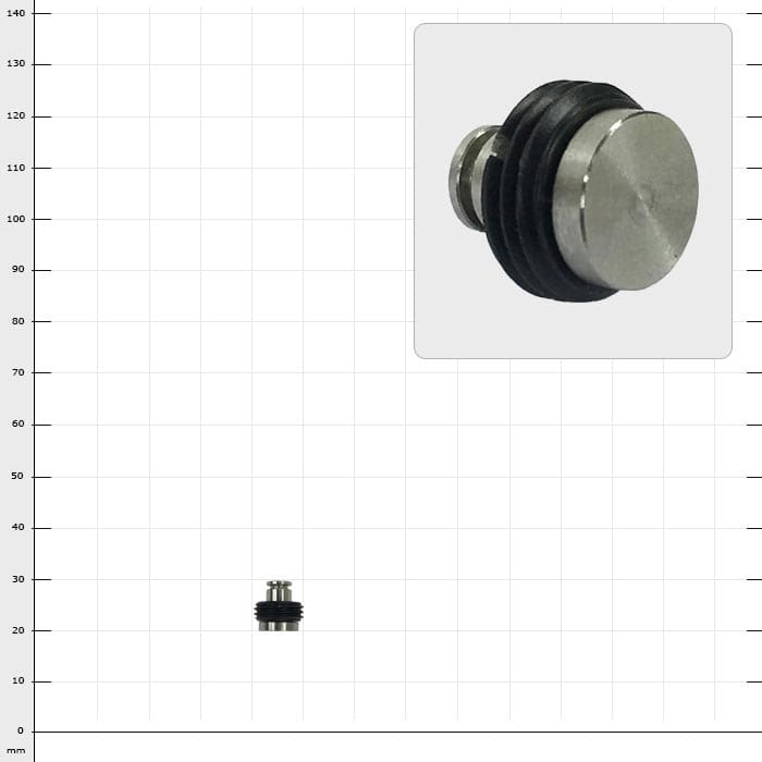 SpikeSender bolt, small metallic bolt with black gaskets on a checkered background, next to it an enlarged close-up of the same bolt.