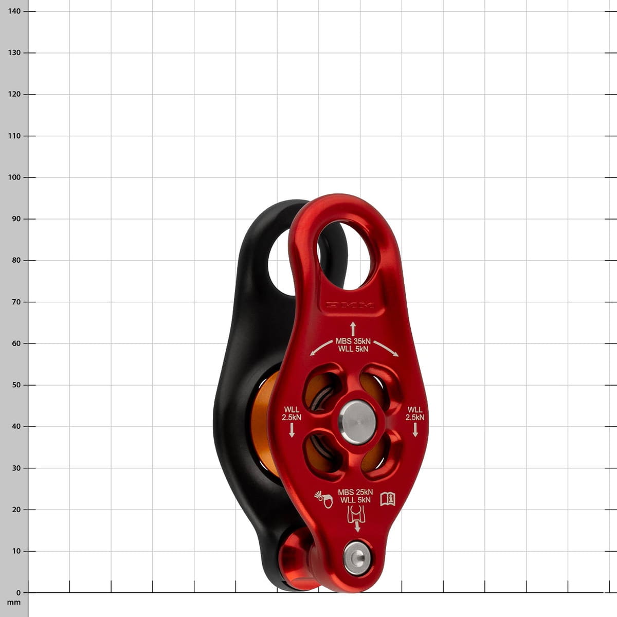 Pinto 2, two pulleys with red and black housing, inscriptions and technical specifications on the front