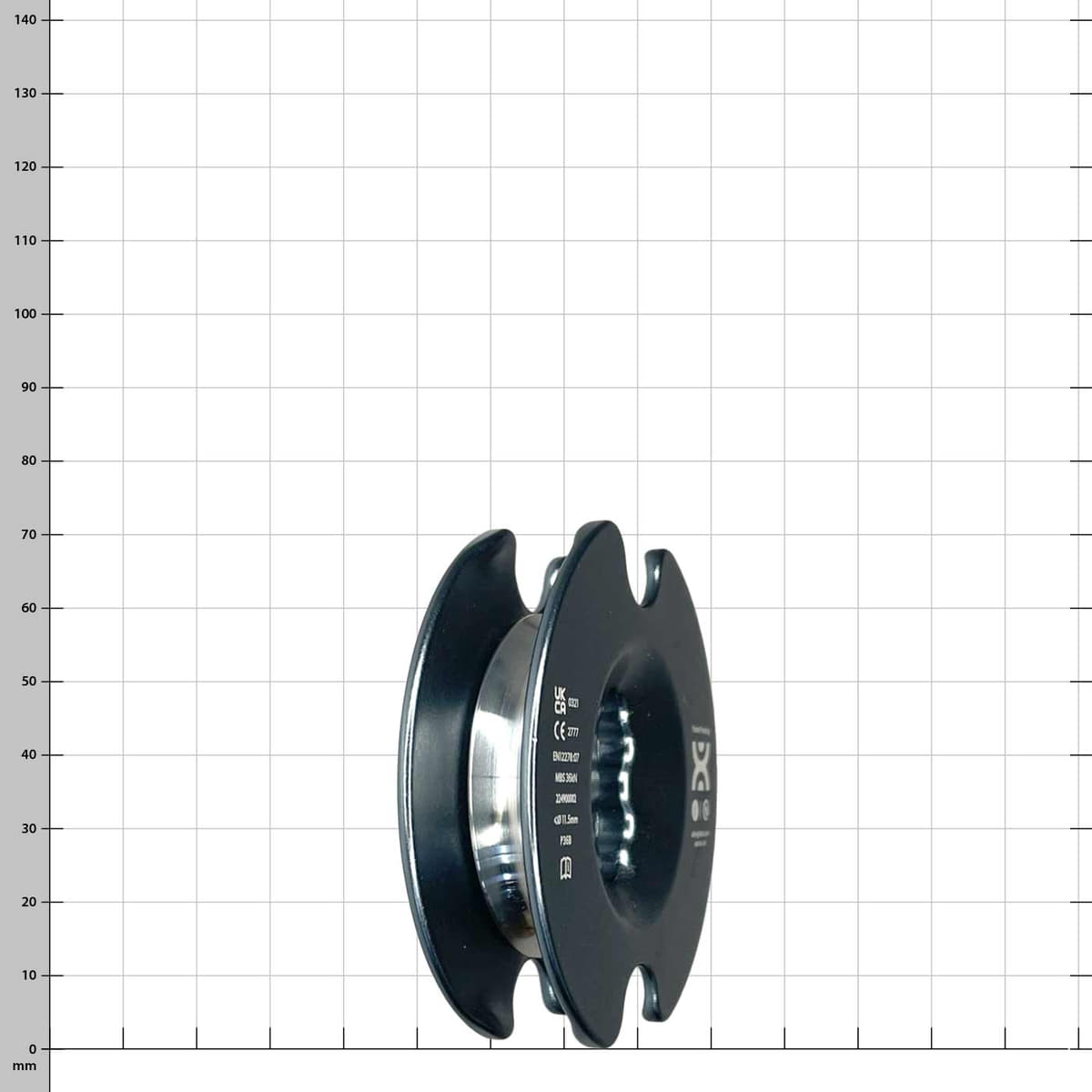 PulleyOne Pro black sheave with print and central recess, side view against white background with grid