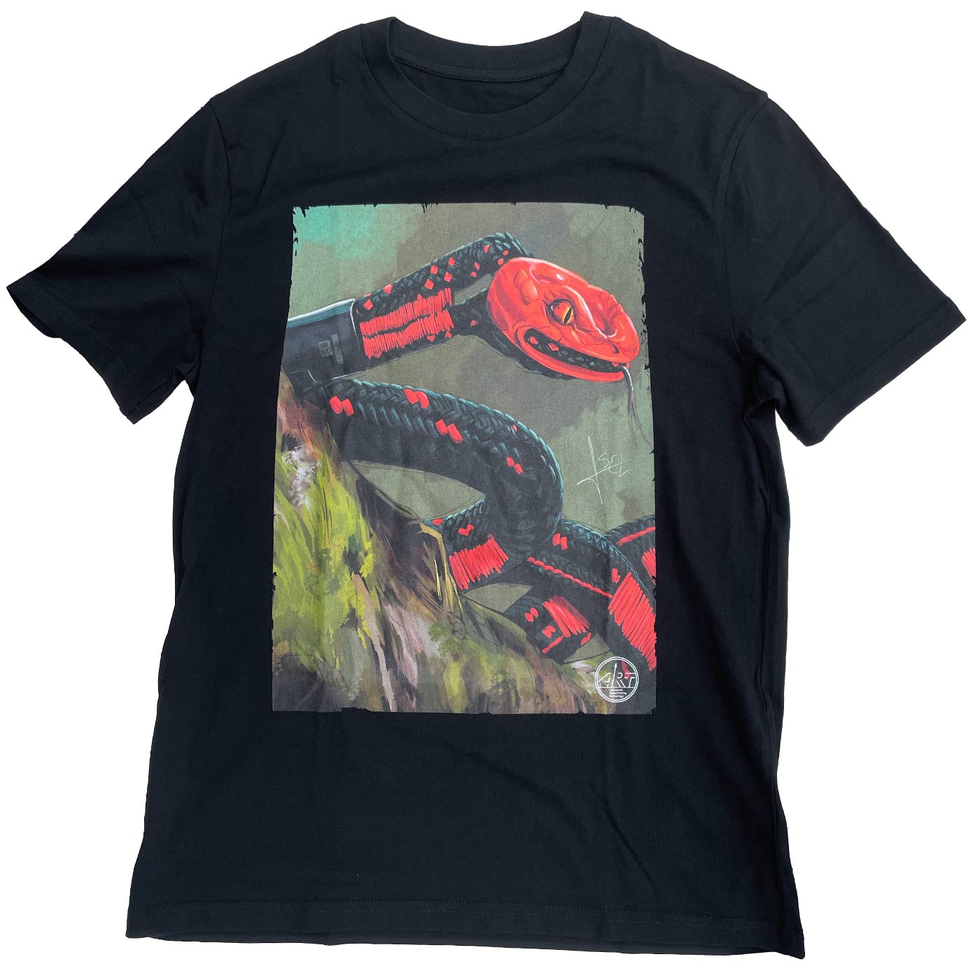 Black ART Snake Shirt with large, colored snake design on the front, manufacturer ART