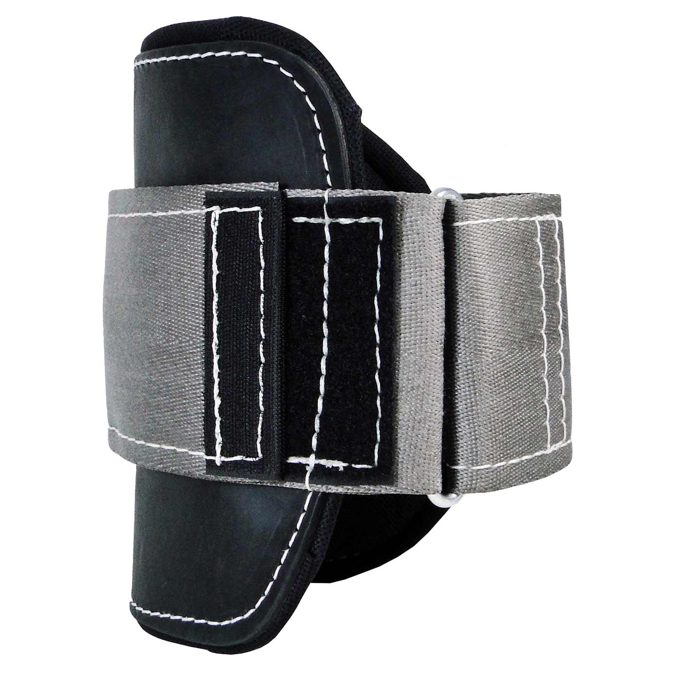 Big Buck Wrap Pads Steel, crampon pads, gray and black pads with Velcro and white stitching, photographed from the front