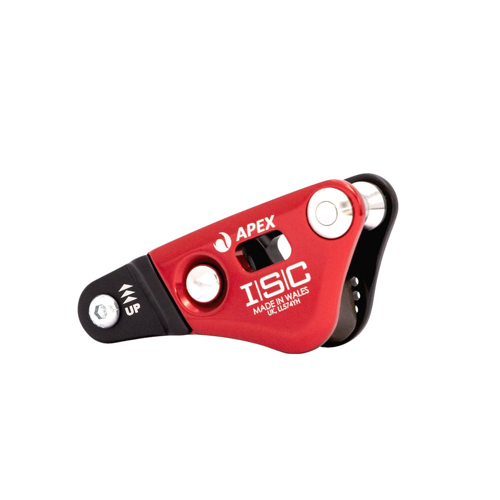 Apex Rope Wrench by ISC, red and black metal device with the inscription "APEX ISC Made in Wales", against a white background