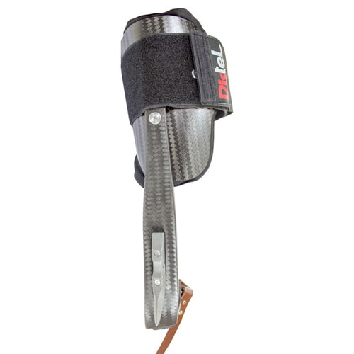 Side view of an orthopedic splint with black Velcro and brown leather strap