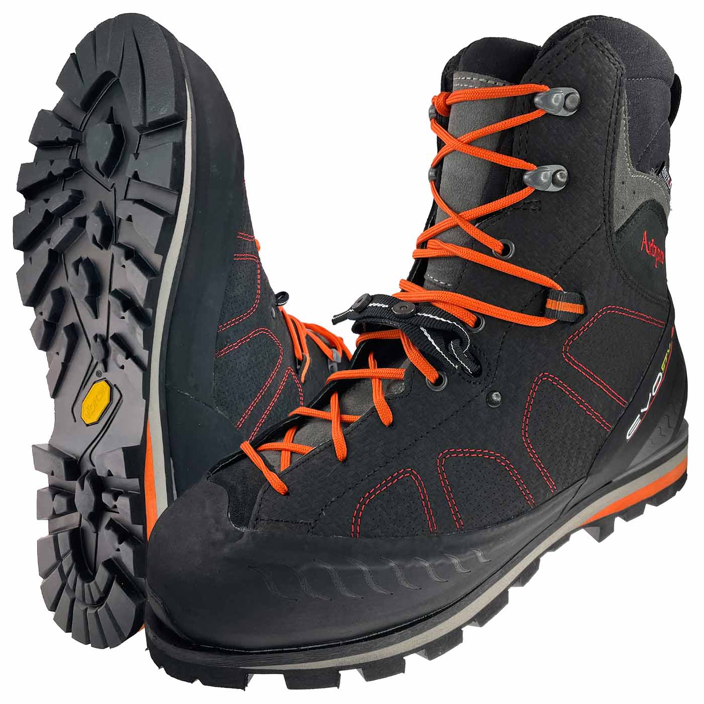 Evo Safety shoe in black with orange laces, lugged sole and red stitching, manufacturer's name not visible