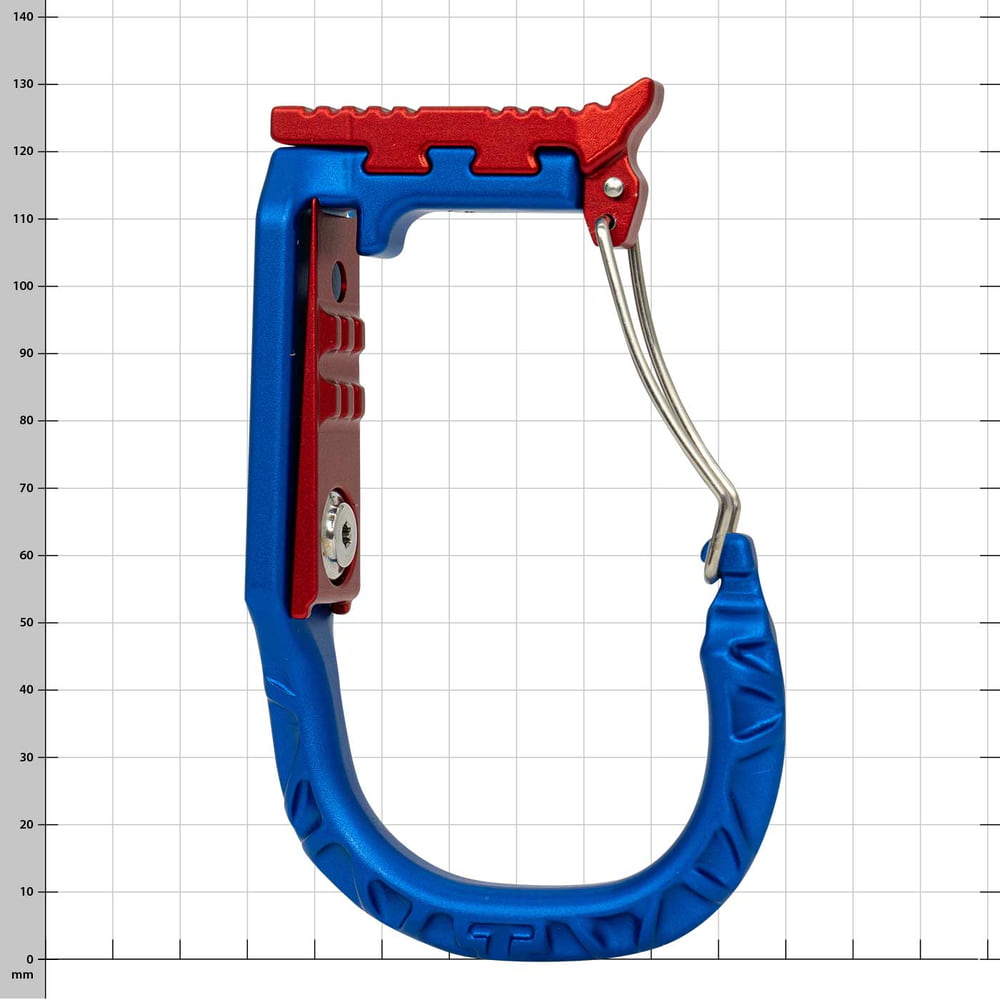 skyHOOK Wire Gate in blue and red with metal bracket against a white background and grid lines, slightly different perspective