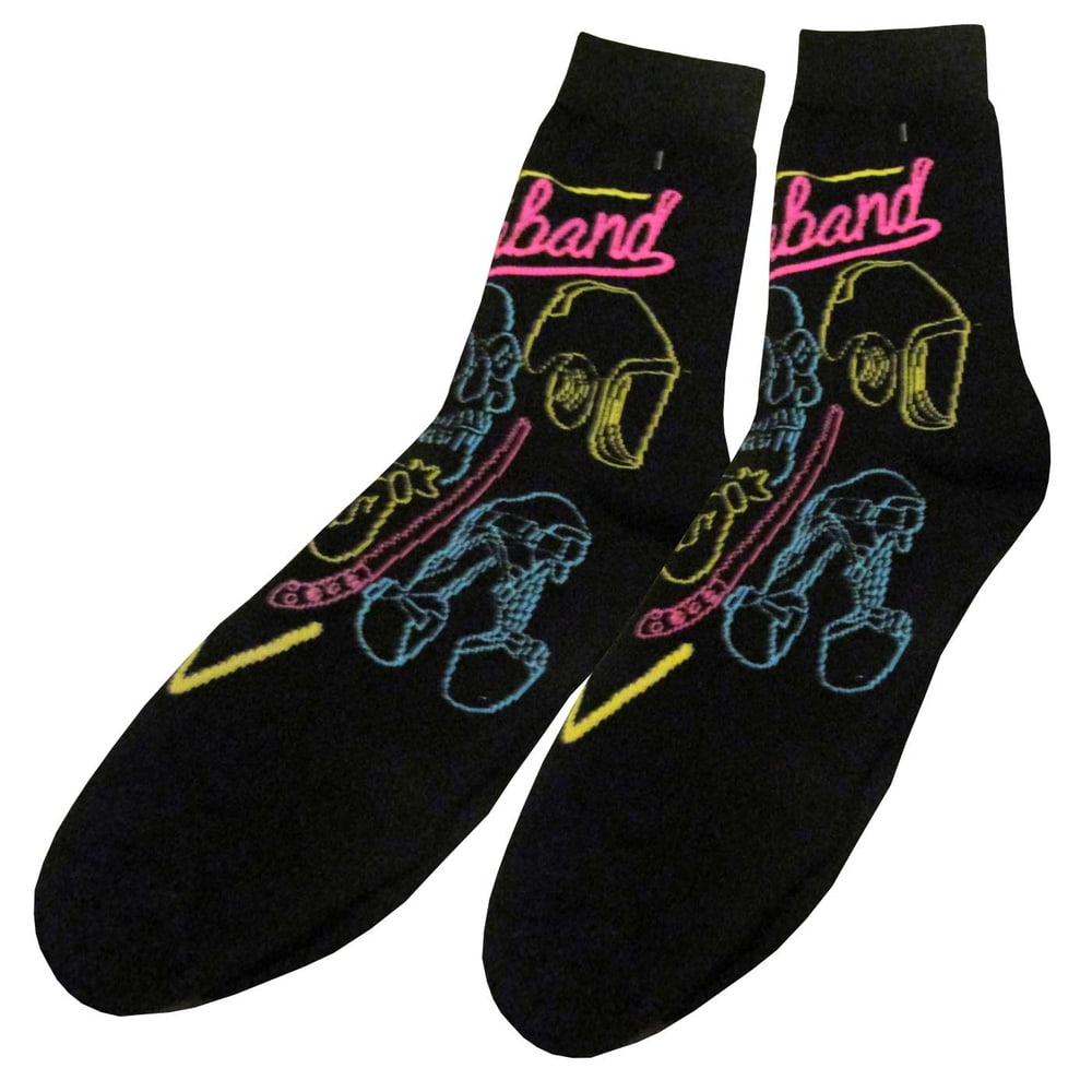Black socks with colourful motif and "Contraband" lettering
