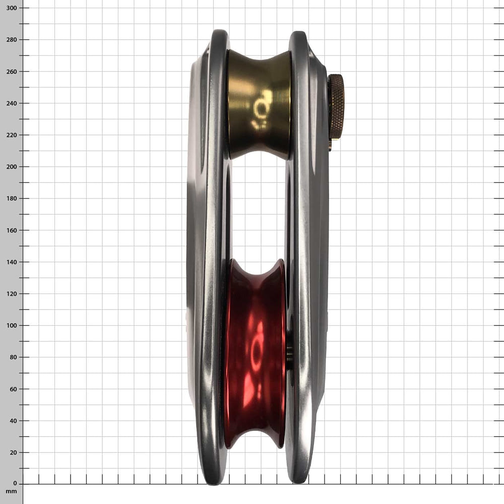 Large Rigging Pulley with Silver Metal Housing, Red and Gold Reel Visible from the Front, Product Code RP257