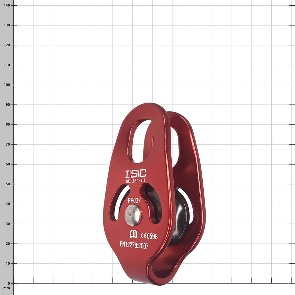 Micro Pulley, red pulley with black wheel, manufacturer ISC, model RP037, oblique view from the front