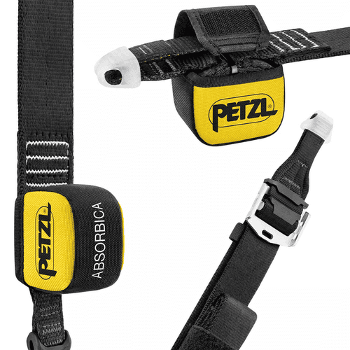 Close-up of Petzl's Absorbica-I Vario with yellow label, black ribbon, Velcro and silver buckle