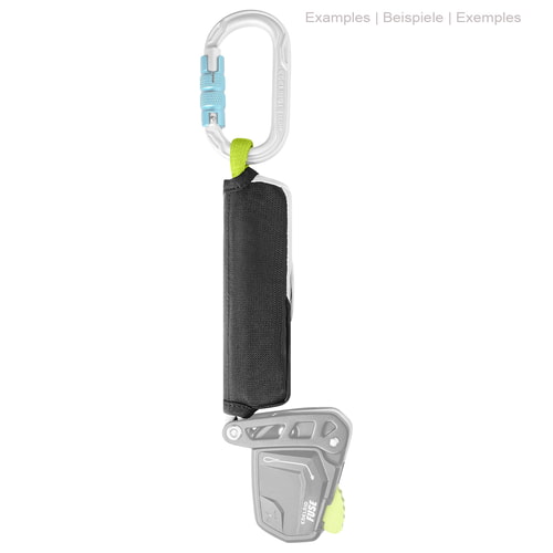 Defuser Rescue, black protective cover with grey climbing frame and white snap hook with blue closure, manufacturer Edelrid