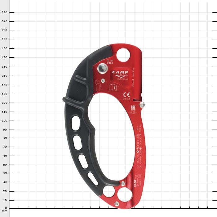 Back of the CAMP Turbohand Pro R belay device in red and black with manufacturer's specifications and certifications against a white background