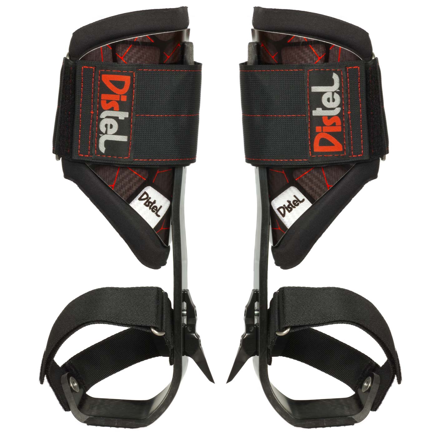 Distel Carbon 3.1 Velcro by Distel, pair of black via ferrata spurs with red stitching and Velcro straps, photographed from behind