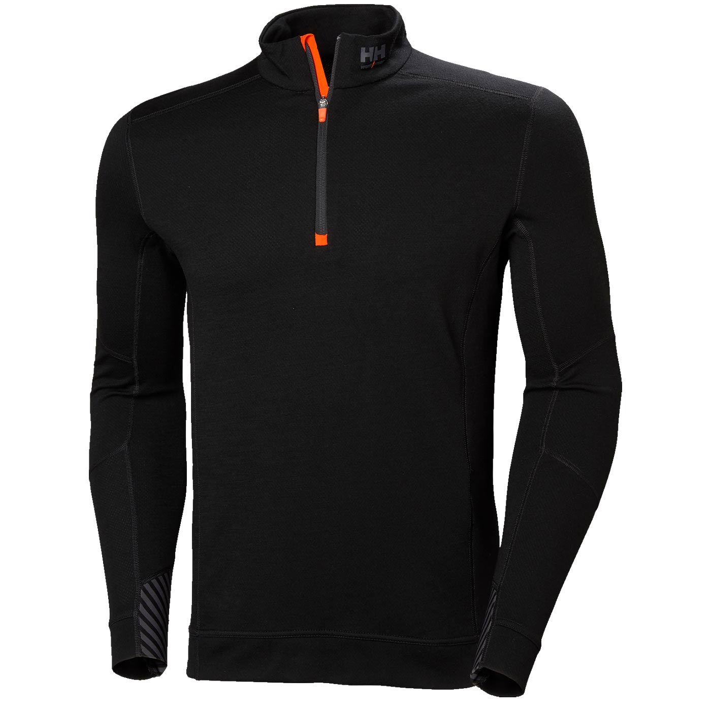 LIFA Merino Half Zip by Helly Hansen, long-sleeved top in black with short zipper and orange accents on the front