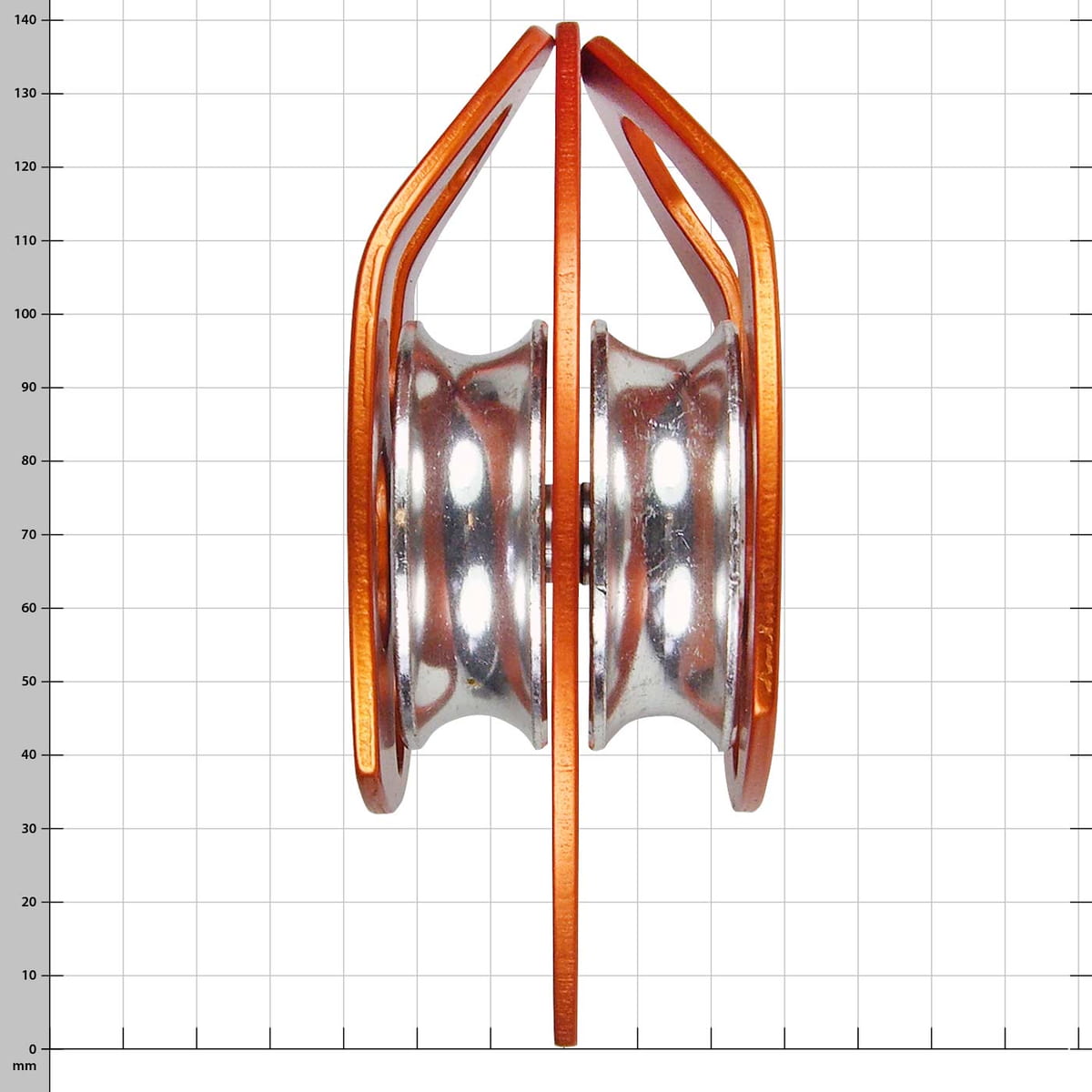 Extra Double KONG Italy Pulley in Orange from the Side with Two Silver Pulleys